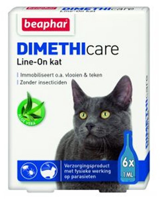 Beaphar DIMETHIcare Line-On Kat productverpakking met een grijze kat
