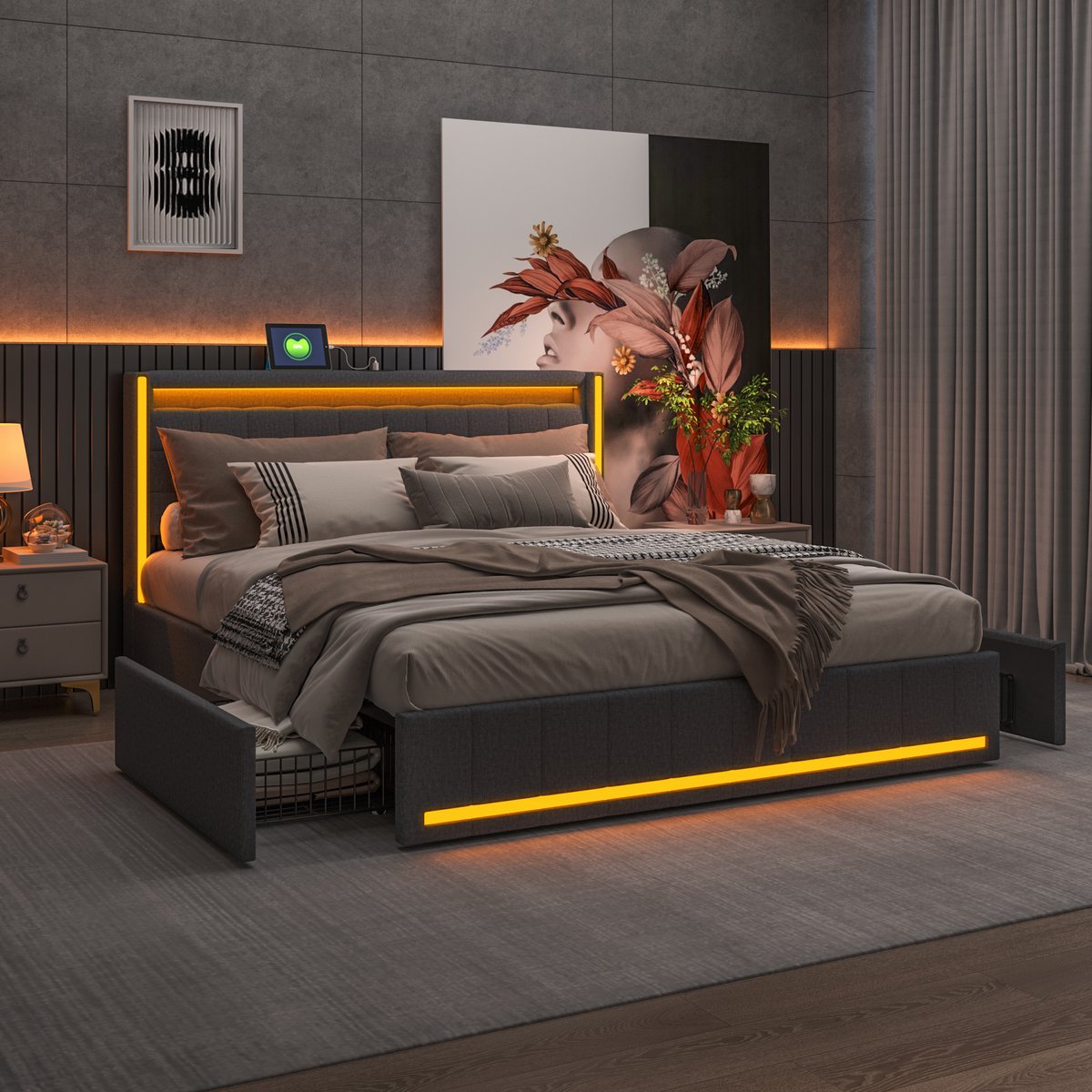Polsterbed 140x200 cm | Met LED Verlichting, USB & Type-C | Tweepersoonsbed met 4 Laden & Lattenbodem | Grijs Linnen
