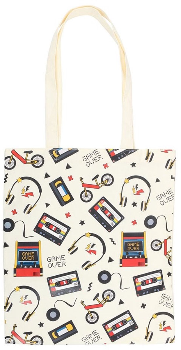 Nostalgic 'Retro 80s Print' Polycotton Tote Bag - Ecru Draagtas met Arcade & Cassette Print - 67 cm