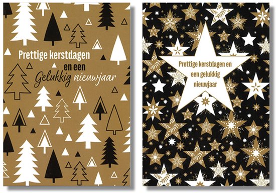 Set van twee kerstkaarten: één in goud met kerstbomen en één in zwart met decoratieve sterren.