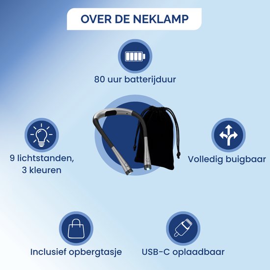 Snoozzle Neklamp Oplaadbaar - Inclusief Opbergzakje - leeslampje voor boek - Bedlamp - E-reader - Draadloos Leeslampje - Neklampje voor Haakwerk - 9 lichtstanden - Batterij van 80 uur - Zilver — afbeelding 5