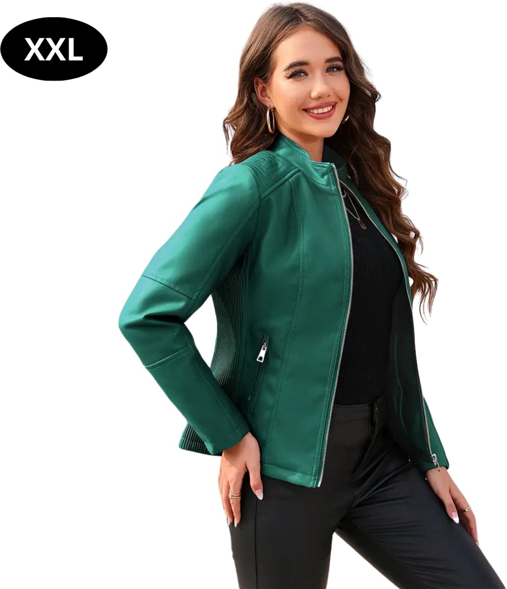 Bovista Kunst Leren Jas Leather Jacket Lederen Jas Bomberjack Pilotenjack Blazer Biker Motorjas Motormuis Dames Groen