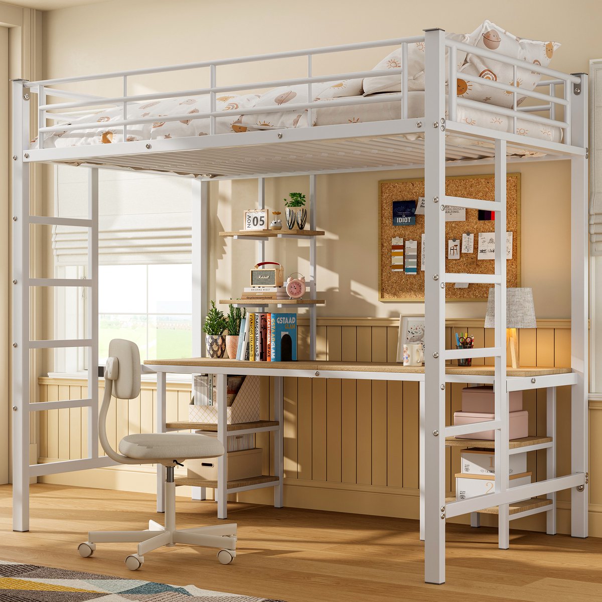 HAUSS SPOLE Stapelbedden voor Kinderen - 90x200 - Kinderbed met Tafel en Regalen - Stabiele IJzeren Stangen - Wit
