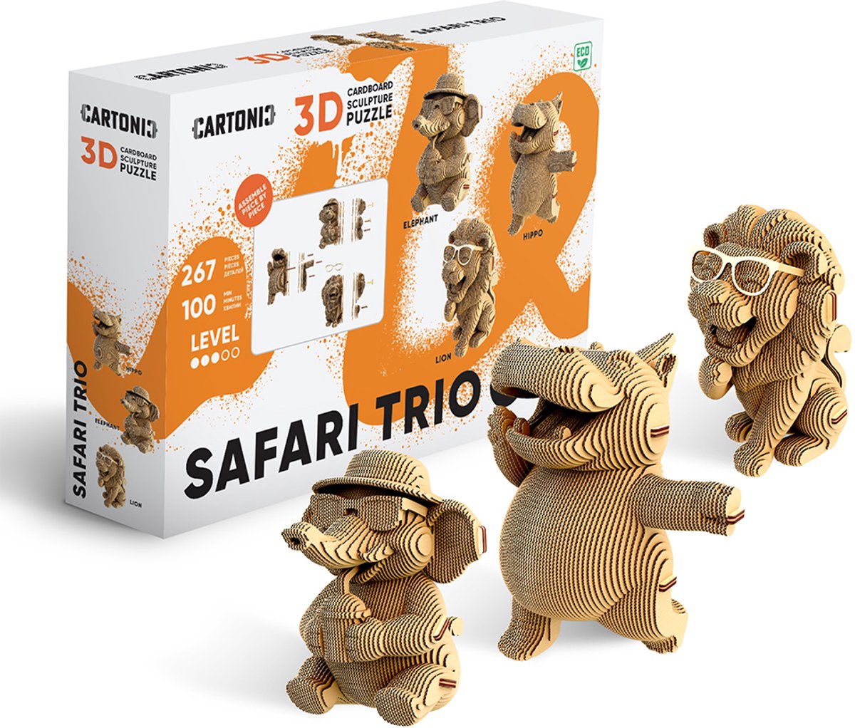 CARTONIC-3D PUZZLE -3IN1 SAFARI TRIO- puzzelen karton 3D DIY Creatief Speelgoed Decoratie Interieur Cadeau Ecologisch Voor kinderen en volwassenen