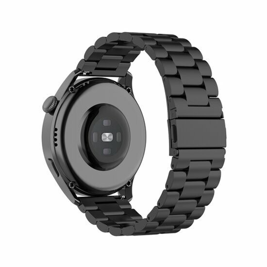 Zwarte smartwatch met stalen schakelband om de pols, de achterkant van de smartwatch is zichtbaar.