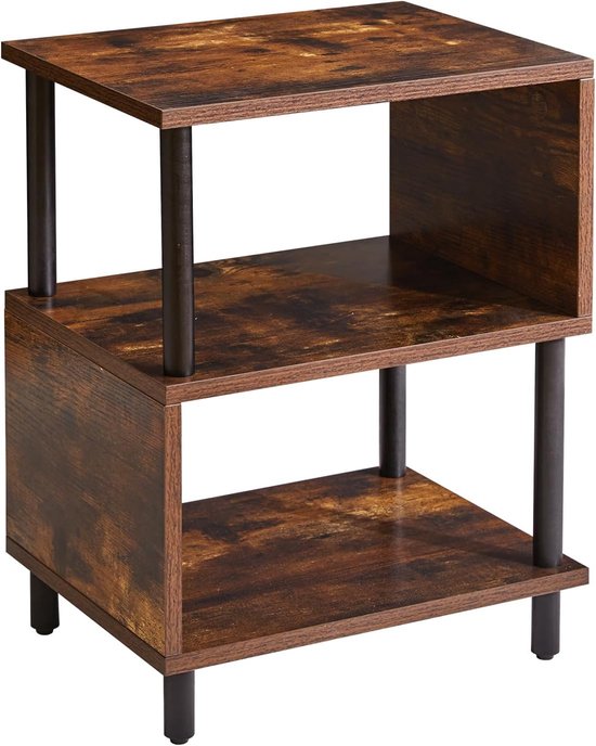 Ronde bijzettafel, kleine bijzettafel met 3 opbergplanken, industriële