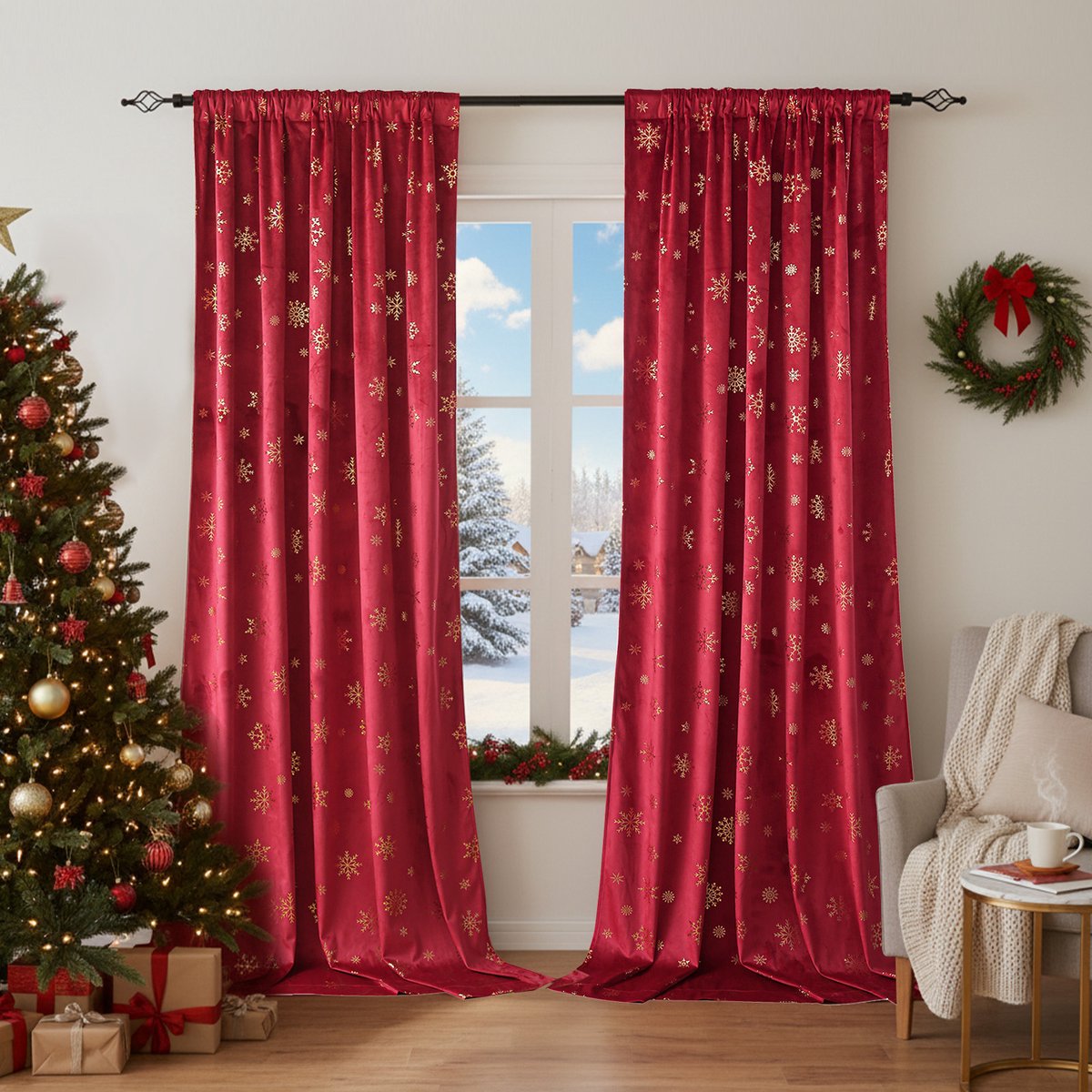 Qelus 2 Stuks Gordijnen Kant en Klaar - Luxe Fluwelen Korte Gordijnen met Gouden Folie - Sneeuwvlok Goudfolie Verduisterend & Lichtwerend - Feestelijke Sfeer voor Woonkamer & Slaapkamer - B 132 x H 244cm(Rood)