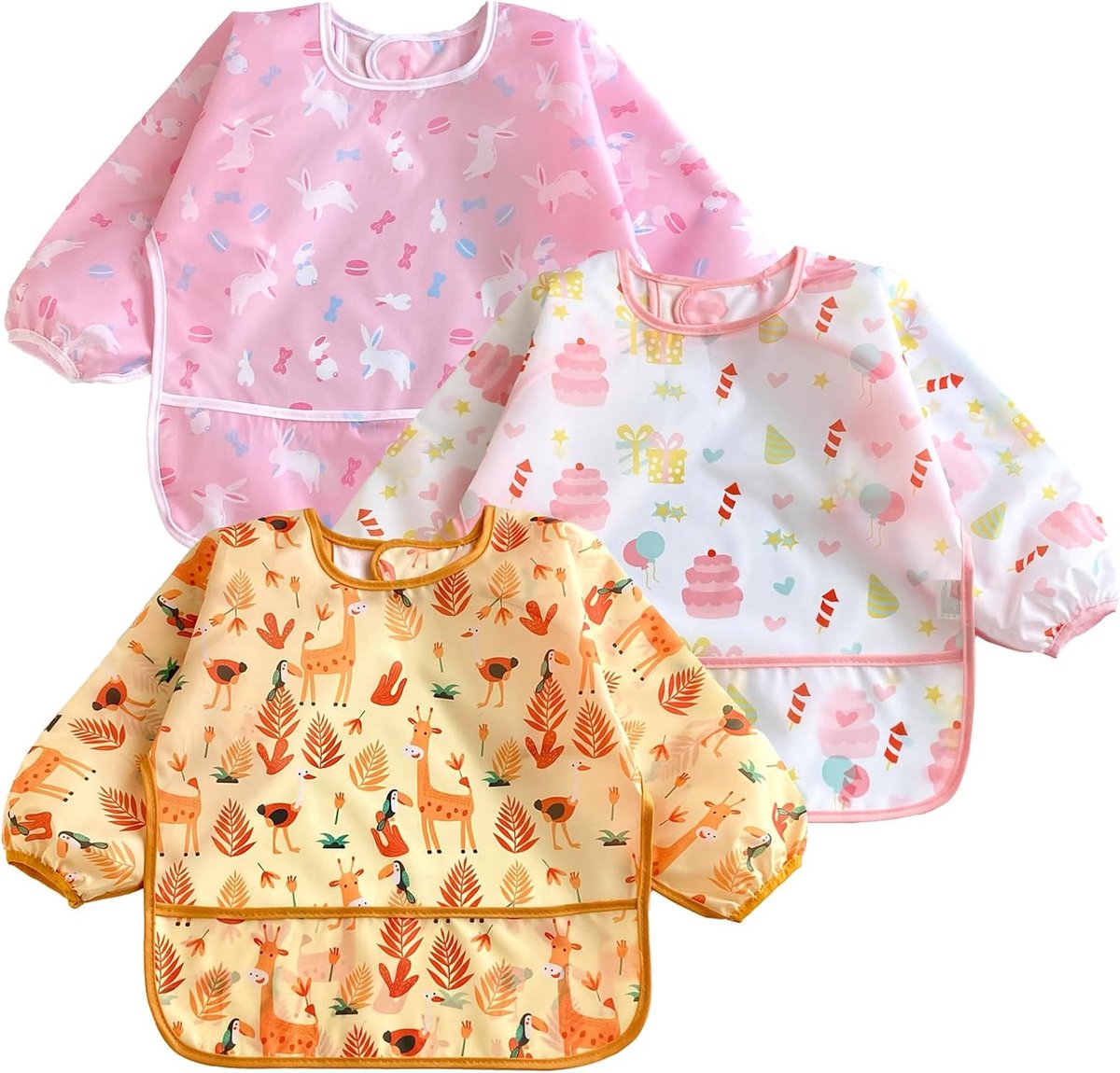 Image of 3-pack waterdichte slabbetjes met lange mouwen voor baby's en peuters 6-36 maanden