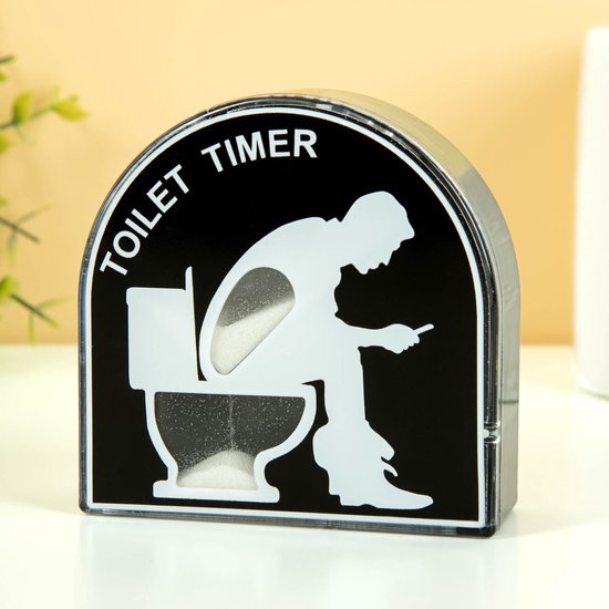 Zwarte toilet timer zandloper met witte opdruk van een zittende man op de wc.