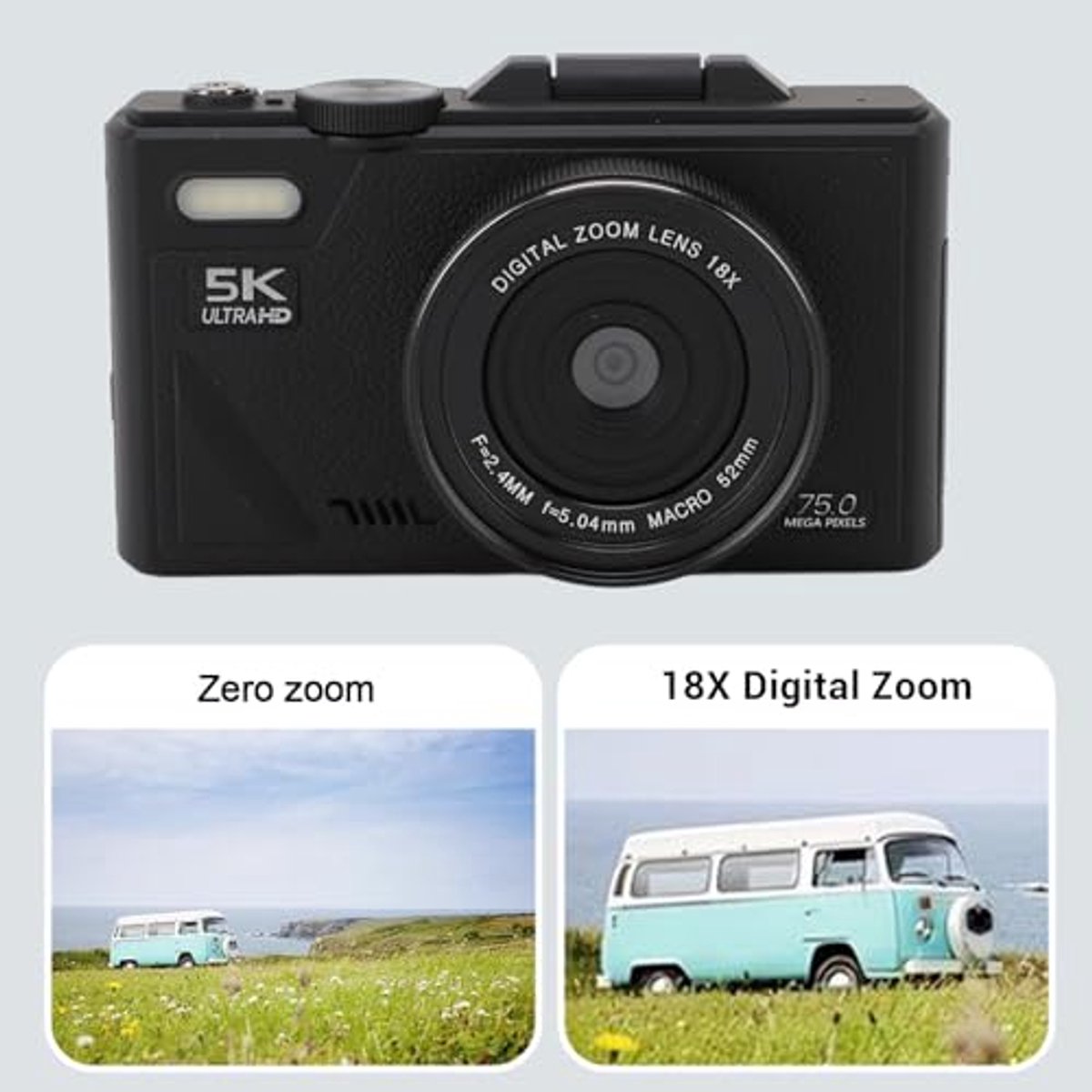 5K Digital Camera, 75MP Vlogging Camera, with 18x Zoom, 3 Inch Flip Screen, HD Compact Camera, for Travel Photography (BLACK) thumbnail 7