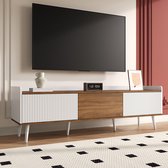 COSTWAY Tv-kast van bamboe, tv-meubel met rotan en glazen schuifdeuren