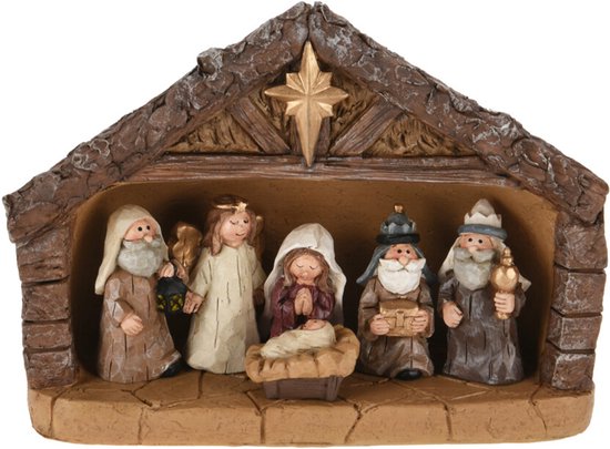 Kerststal met vijf figuren: Maria, Jozef, engel, en twee koningen, in een stal met een ster.