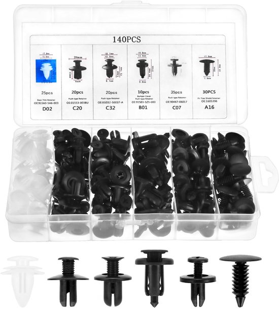 QWORK 140-delige Auto Bevestigingsclips – 6 Maten Kunststof Nylon – Voor Interieur, Bumper & Spatbord