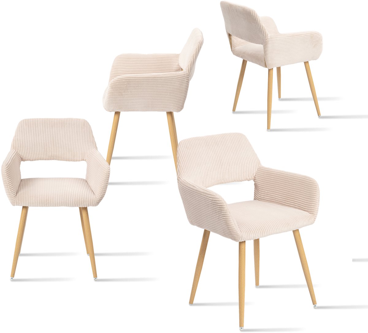 Meubles Cosy – CROMWELL CORDUROY – Set van 4 eetkamerstoelen met armleuningen – Beige – Corduroy zitting
