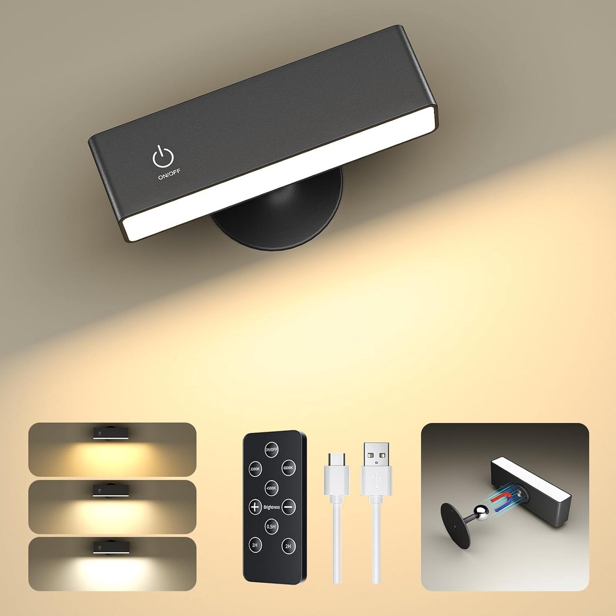 Draadloze Wandlamp 360° Draaibaar met Afstandsbediening en Touch-Bediening