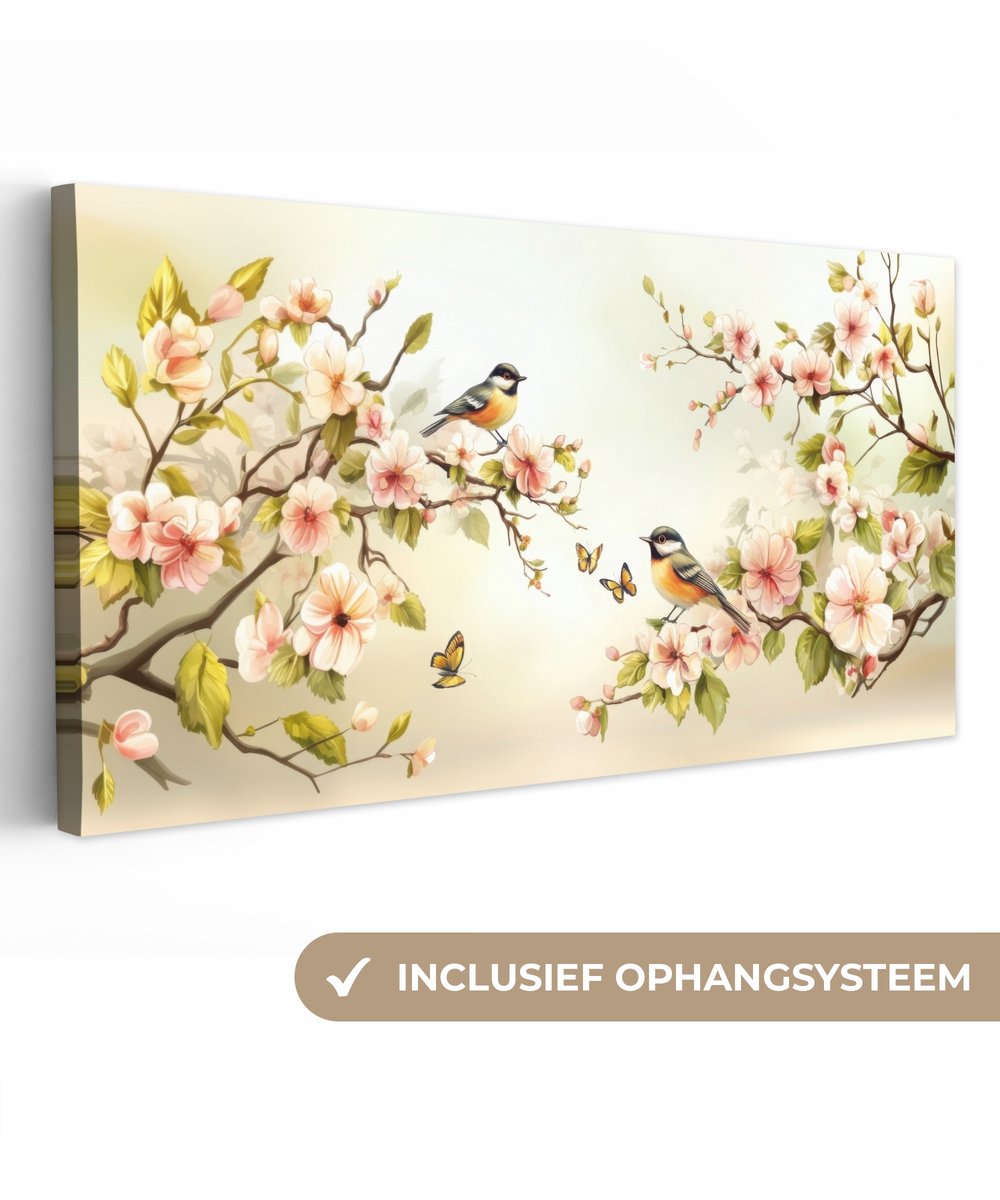 Canvas schilderij 300x140 cm - Exclusieve wanddecoratie Takken - Bloemen - Vogeltjes - Roz