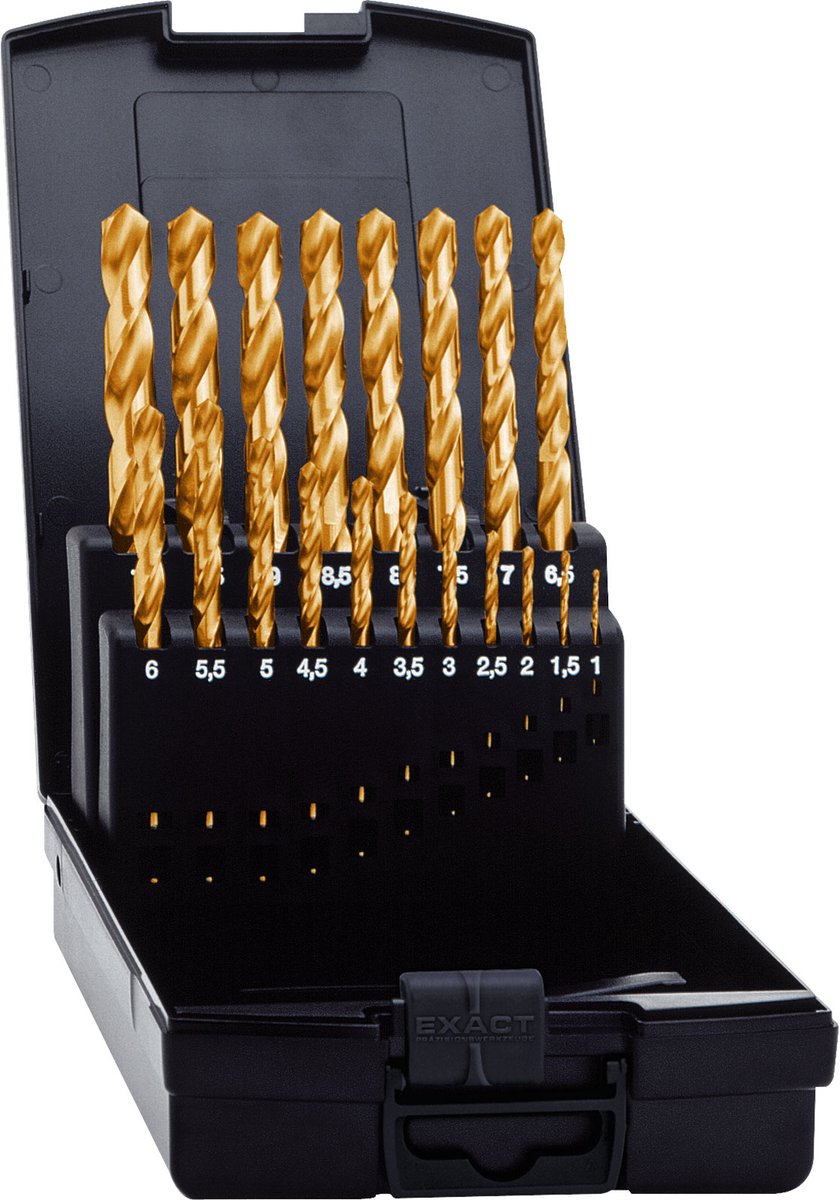 EXACT draaiboorset Ø 1-10 mm, HSS-TiN, 19-delig, DIN338