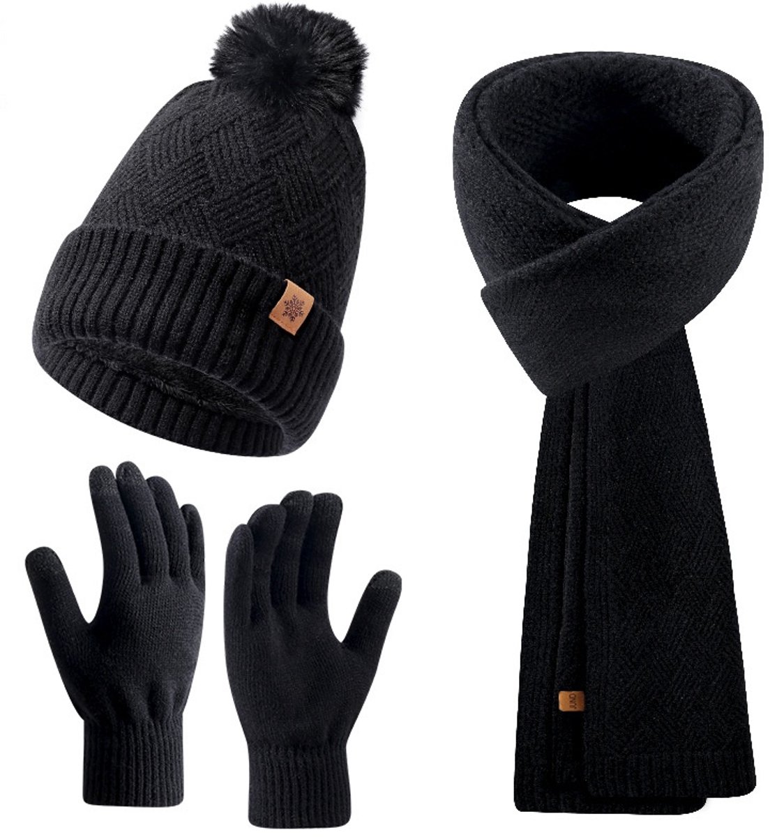 FUBABCO Wintermuts, sjaal en handschoenen voor dames, warme beanie, muts, touchscreen-handschoenen en lange sjaal, set met fleece voering, thermische gebreide muts, wintersjaal, winterhandschoenen