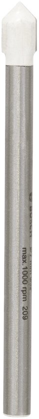 Bosch tegelboor, 7 mm 209, max 1000 RPM. Zilverkleurig metaal met witte punt.