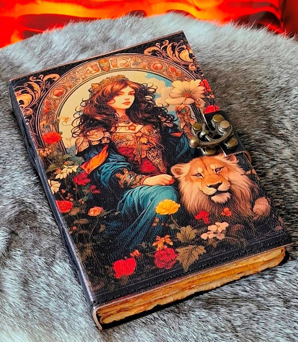 Prinses met Leeuw Leren Dagboek - Leren Journal - Fantasie Notitieboek van Leer - 18x13cm - Mooie UV-print - Handgemaakt