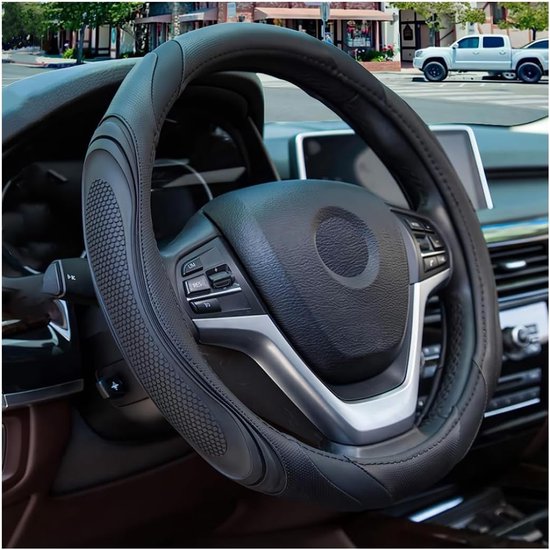 Housse de volant en cuir de 15 pouces, accessoire auto, élastique, respirant, antidérapant, souple, pour hommes et femmes, convient aux SUV, camions, véhicules et camping-cars (noir)