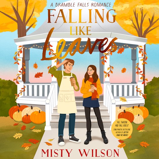 Een man en vrouw met koffie in de herfst bij een gazebo, omringd door pompoenen en vallende bladeren. Titel: FALLING LIKE LEAVES.