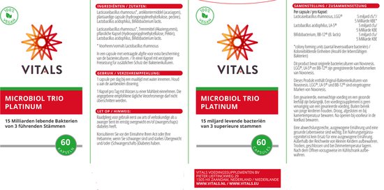 Vitals Microbiol Trio Platinum - 60 capsules - Biotica. 15 miljard levende bacteriën van 3 superieure stammen per capsule.