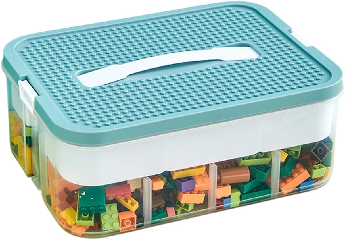Opbergbox met vakjes – Bouwstenen opbergdoos – Enkellaags – 16 vakken – Blauw – met handvat