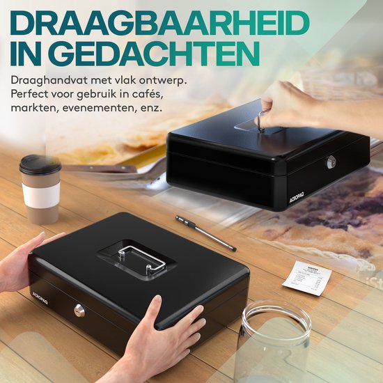 Zwarte geldkist met handvat. Twee geldkisten staan op een houten tafel bij gebak. Tekst: DRAAGBAARHEID IN GEDACHTEN.