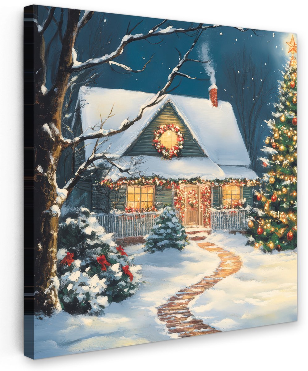 Kerstboom en sneeuw op canvas voor buiten, 80x80 cm, tuindecoratie, winterthema, geschikt voor tuin- en schuttingdecoratie.