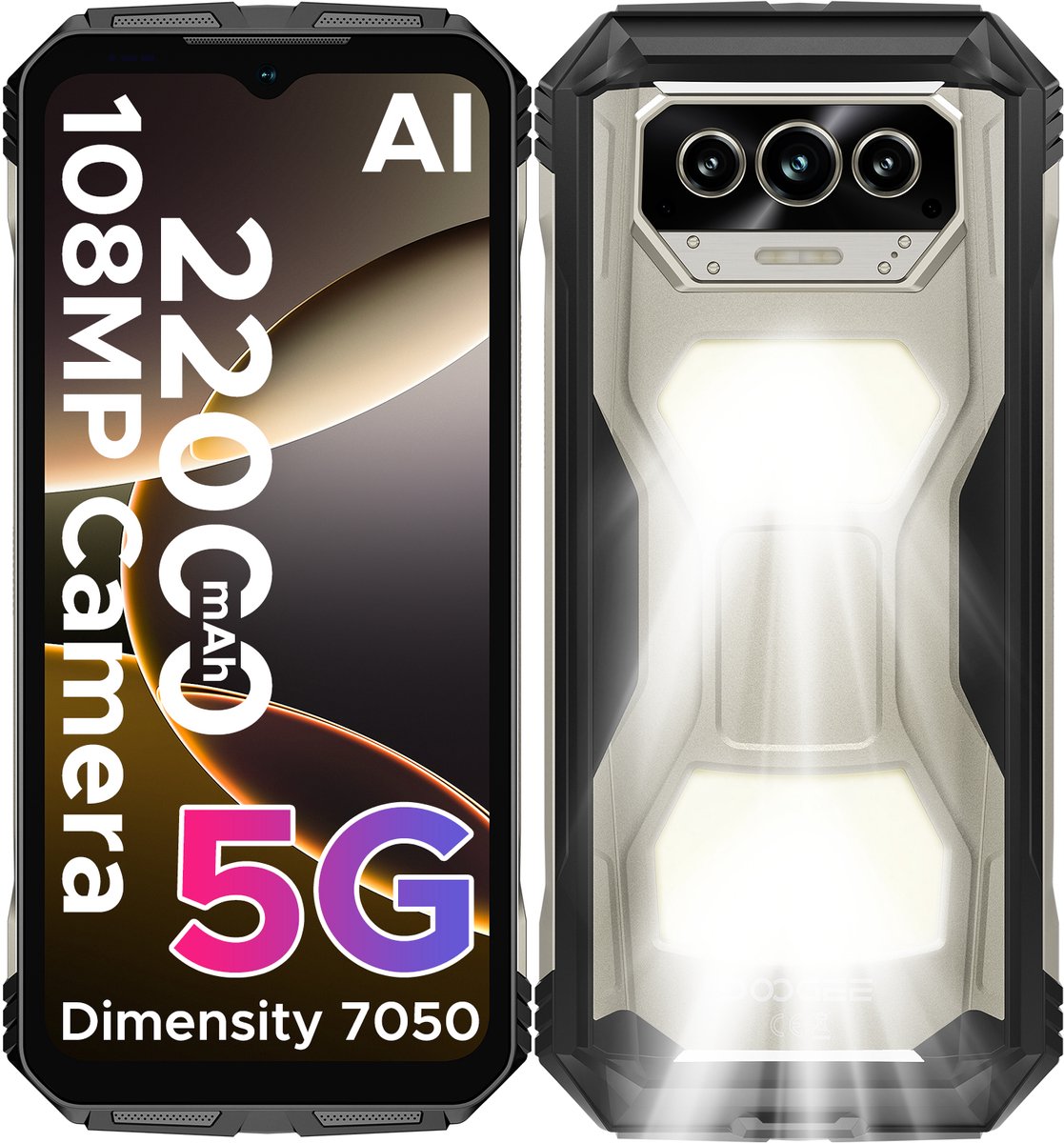 DOOGEE V MAX S 5G-Robuuste Smartphone-Robuuste Telefoon- 22000 mAh/33 W -24 GB RAM+ 256 GB ROM- 6,58 inch + 120 Hz - Kampeerlamp - Nachtzichtcamera- Android 14- Face ID-IP68-Dubbele luidsprekers-Titanium