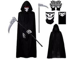 Joya Kids® Magere Hein Verkleedset Volwassenen | Halloween Kostuum met Cape | Skelet Handschoenen | Masker | Zeis | Volledige Grim Reaper Outfit Inclusief Accessoires