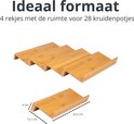 Een set van 4 houten kruidenrekjes, elk met ruimte voor 7 kruidenpotjes. Afmetingen: 33.5 cm lang, 13.1 cm breed, 4 cm hoog.