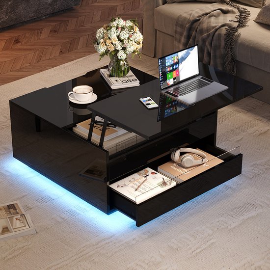 Table basse Pugsdrly Salon 70*70*38 cm, table basse avec éclairage LED, table basse avec 1 tiroir, table d'appoint brillante avec espace de rangement caché et portes pliantes, noir