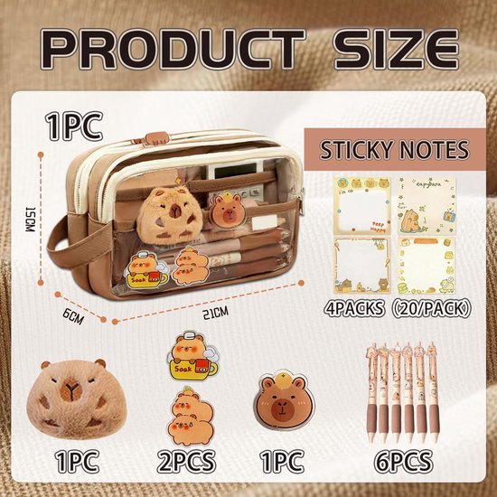 Namajunas - Trousse Capybara - Trousse pour Garçons et Filles - Étuis scolaires - Avec 6 Stylos Capybara et une peluche Capybara - 5 compartiments - Fournitures scolaires