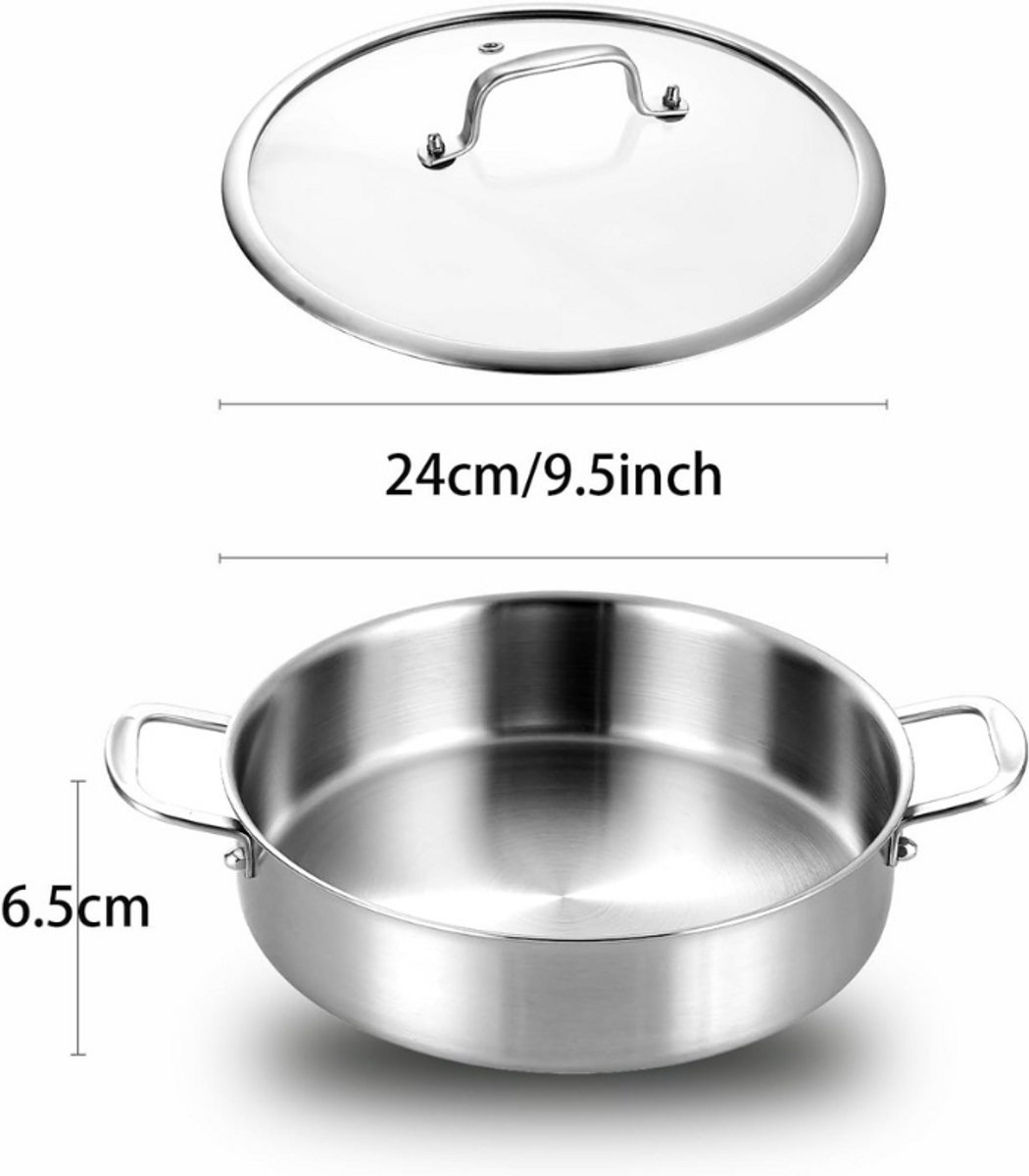 Roestvrijstalen Koekenpan met Deksel 24 cm, ergonomische handgreep Roestvrijstalen Koekenpan met Deksel 24 cm, ergonomische handgreep