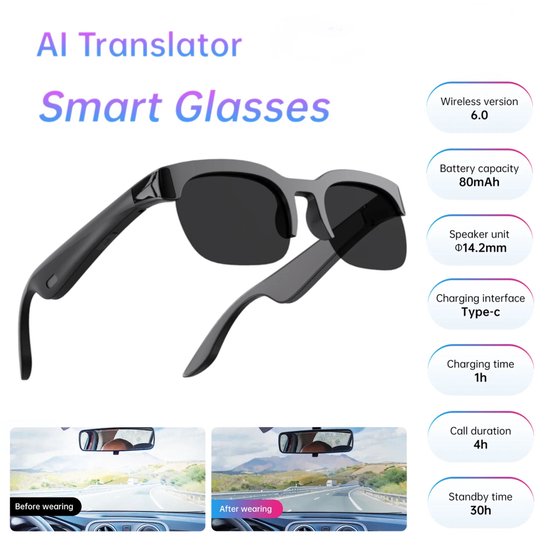 Lunettes Smart Bluetooth – Traducteur IA en temps réel et appels mains libres – Lunettes audio avec Protection UV, écouteurs Bluetooth sportifs, écouteurs sans fil pour hommes et femmes