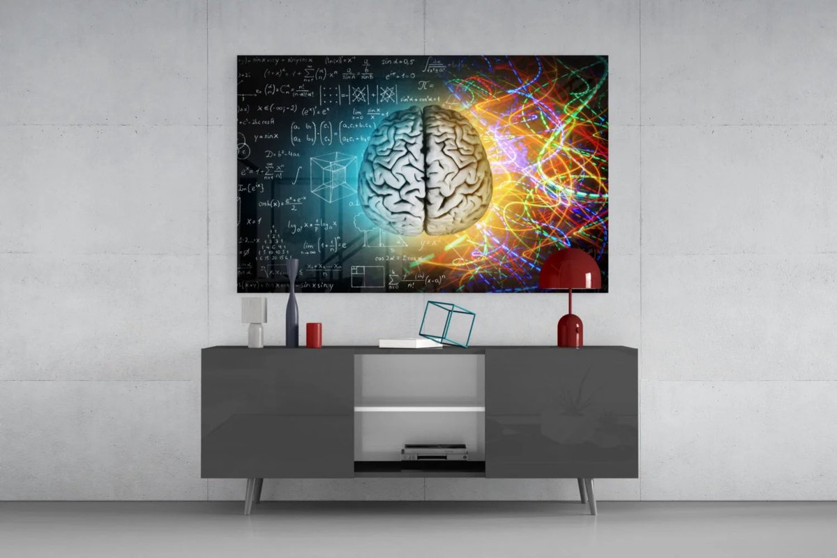 Insigne Art Glasschilderij - Brein met Formules en Kleurrijke Lichten - Moderne Wanddecoratie - 72x46 cm