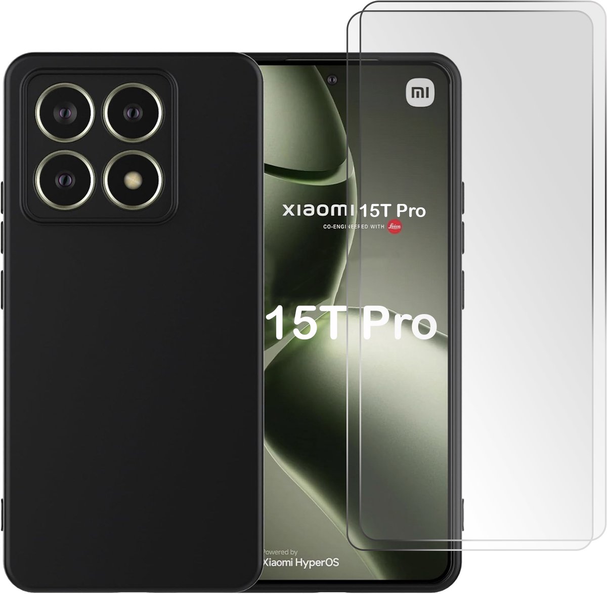 Casemania Hoesje en Glas Geschikt voor Xiaomi 15T Pro - Zwart - Siliconen Back Cover + 2x Tempered Glazen Screenprotector - Val/Stoot Bescherming