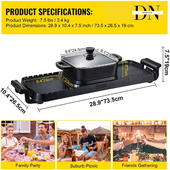 Deniva - Elektrische BBQ Pan Grill & Hot pot - 2-in-1 - Gourmetstel - Anti Aanbak - Rookvrij - BBQ - Grill - 2400W - 1-8 Personen van Merkloos — afbeelding 2