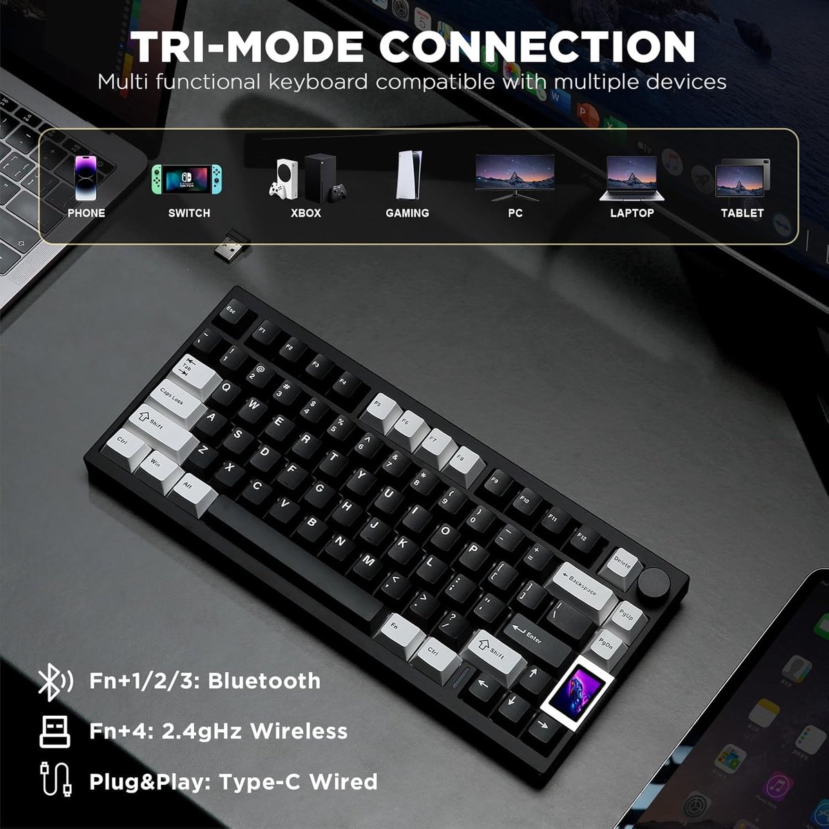 Yunzii AL80 - Zwart - Aluminium Mechanisch Draadloos Toetsenbord - 75% - Qwerty - Gaming Keyboard - RGB Lichten - Cacao Cream V2 Switch thumbnail 3