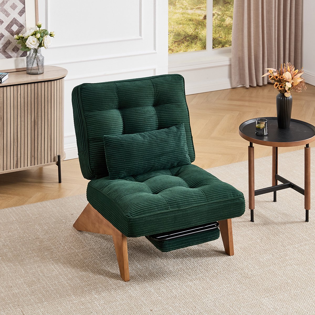 BLACKCOLORS - Moderne verstelbare loungestoel - zonder rugleuning - van stof - met voetensteun - met lendenkussen - met houten poten - voor de woonkamer - voor de slaapkamer - voor het kantoor