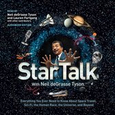 Boekcover met Neil deGrasse Tyson die door een wormgat kijkt. Met planeten, een spaceshuttle, microfoon, schedel en sterren.