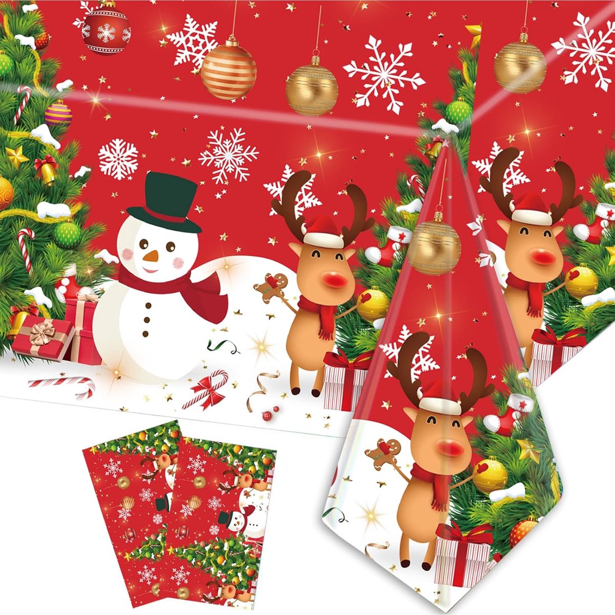 Sander Shop 2 stuks plastic kersttafelkleed 137 x 274 cm sneeuwpop kerstboom sneeuwvlok rood tafelkleed kerst rechthoek waterdichte tafelkleed voor wintervakantie familie diner kerstfeest decoraties-Sneeuwpop eland