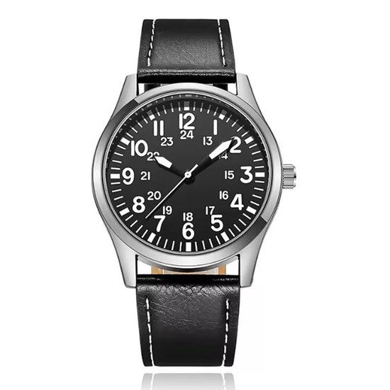 Montre homme Elegant de couleur argentée avec bracelet en cuir noir