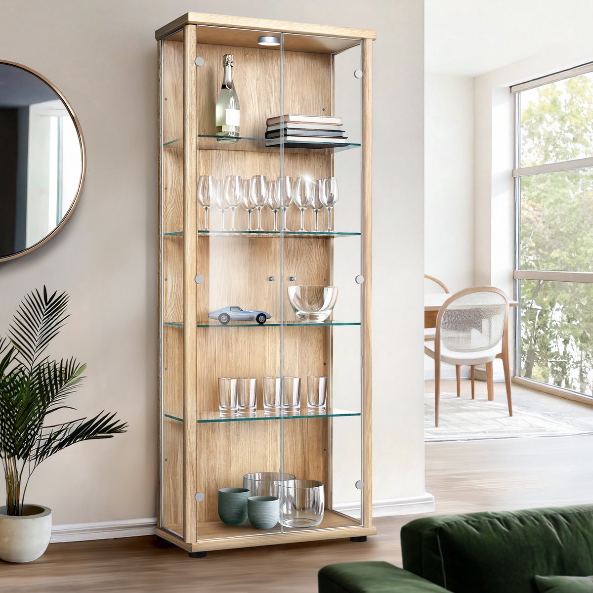 K-Möbel Vitrinekast met glas staand met 2 deuren, 4 in hoogte verstelbare glasplanken - Vitrinekast met led verlichting - 176x67x33 cm - Beukenhoutkleur