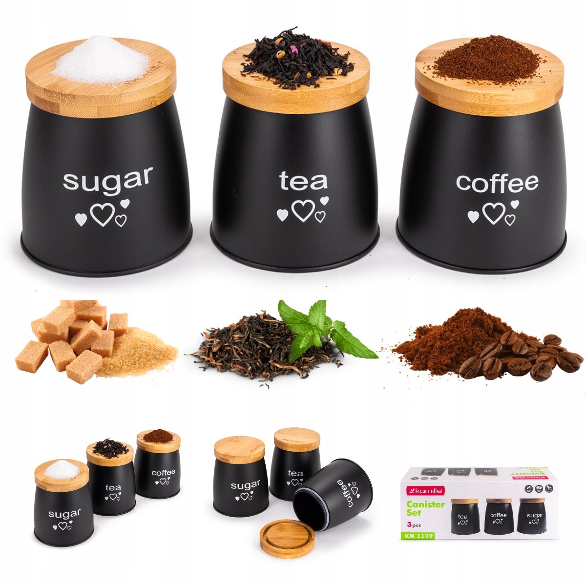 Kamille Keukenset: 3x Luxe Opbergers voor Koffie, Thee, Suiker