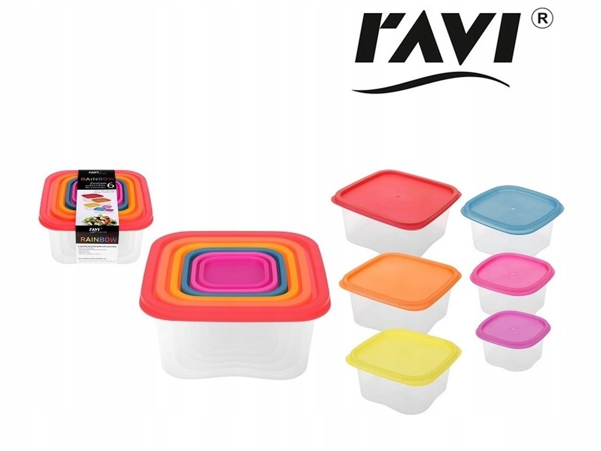 RAINBOW Set: 6 Vierkante Bewaarbakjes met Kleurrijke Deksel