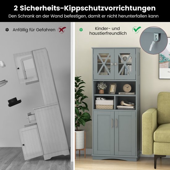 COSTWAY Badkamerkast, vrijstaande hoge kast met verstelbare planken, deuren en 3 vakken, badkamerkast met kantelbeveiliging voor badkamer, keuken, woonkamer, 60 x 30 x 145 cm (grijs)