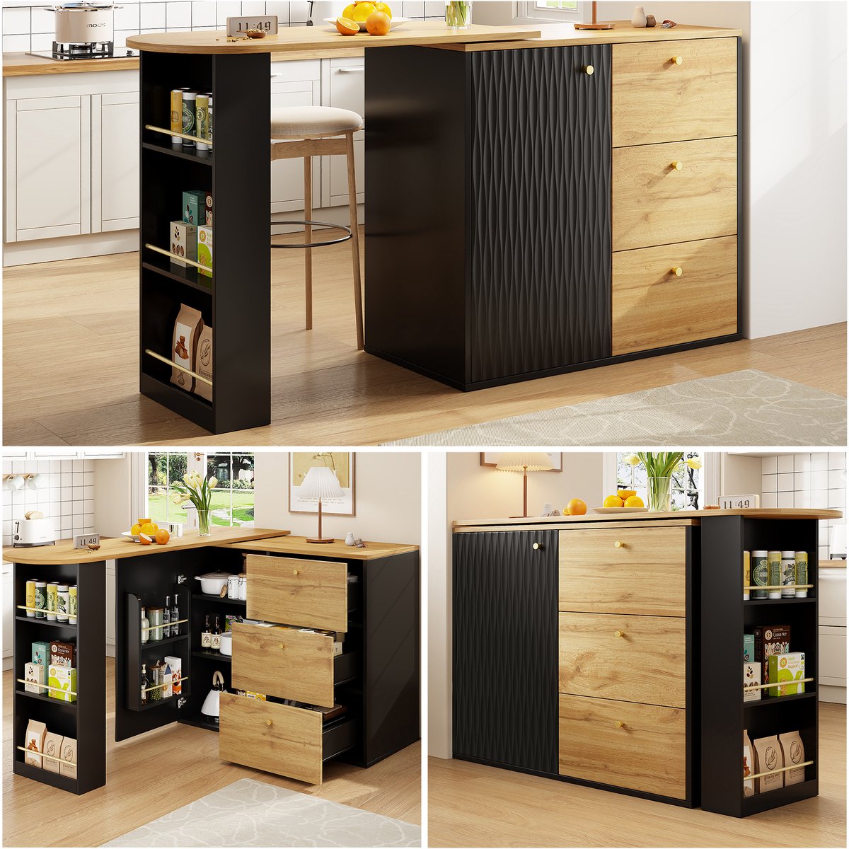 Uitschuifbare Bartafel (138-204x39x104 cm) - 360° Draaibare Bar - Beweegbaar Keuken Eiland met Houtnerf Afwerking